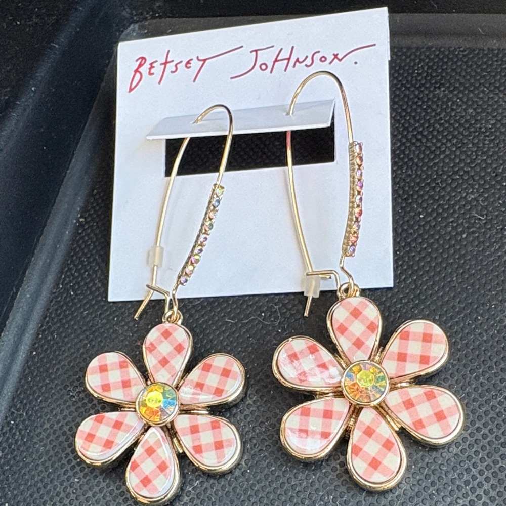 Betsey Johnson Pink Checkered Flower Earrings